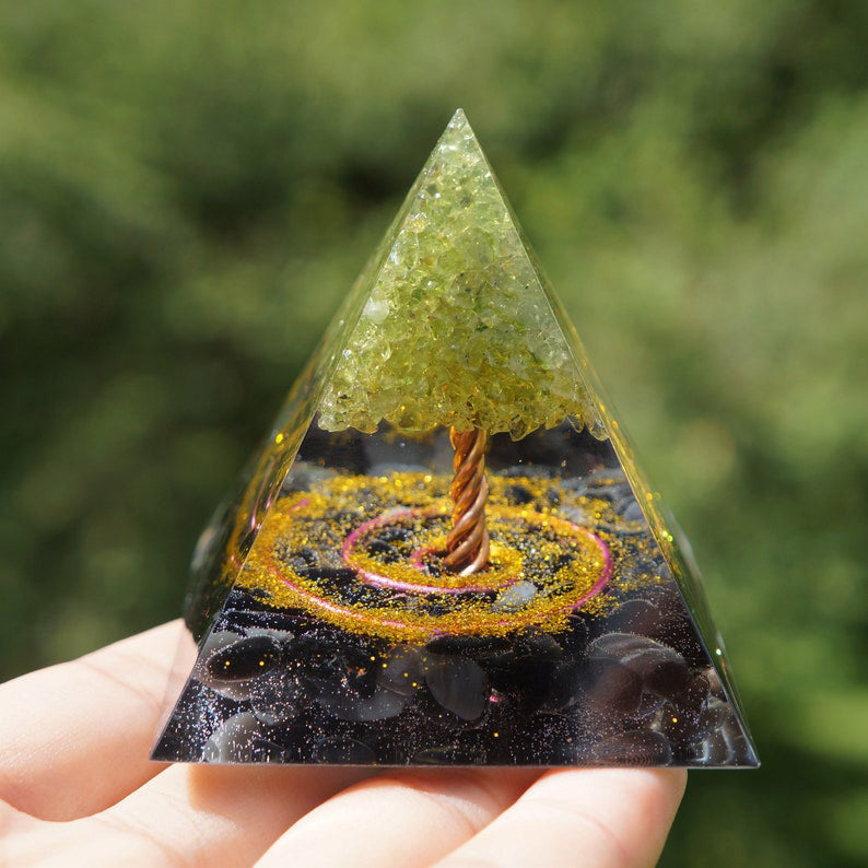 Olivenorma Peridot With Obsidian Tree Of Life Orgone Pyramid - 10*10cm - YES PLEASE $8 - image 0