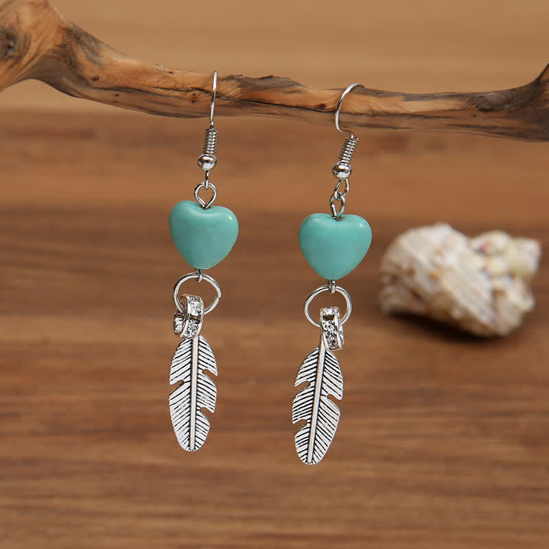 Vintage Heart Turquoise Feather Earrings - image 2