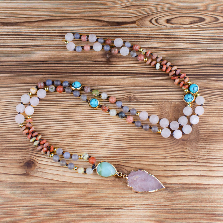 Natural Rose Quartz Mala Prayer Arrowhead Pendant Necklace - image 5