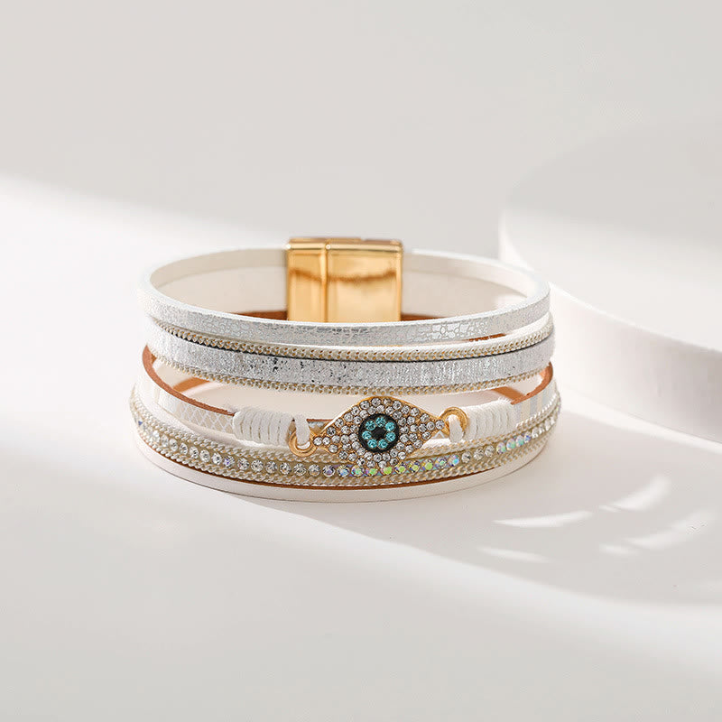 Olivenorma Zircon Evil Eye Faux Leopard Leather Pattern Bracelet - Silver White&Evil Eye - image 4