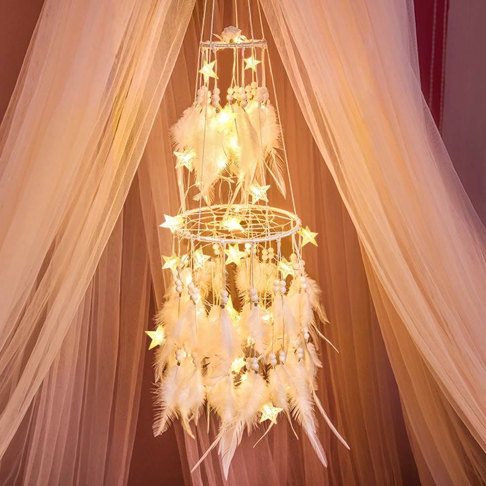 Olivenorma Double Circle Feather LED Light Dream Catcher - White Feathers With Light - image 0