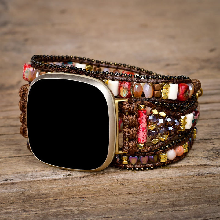 Olivenorma 3Layer Red Stone Beaded Handwoven Fitbit Watch Strap - Medium: Approx 51.5-61.5cm-suitable for wrists of 6.7-8 inches - Versa3 - image 0
