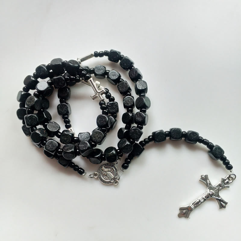 Olivenorma Black Square Wooden Cross Rosary Necklace - image 3