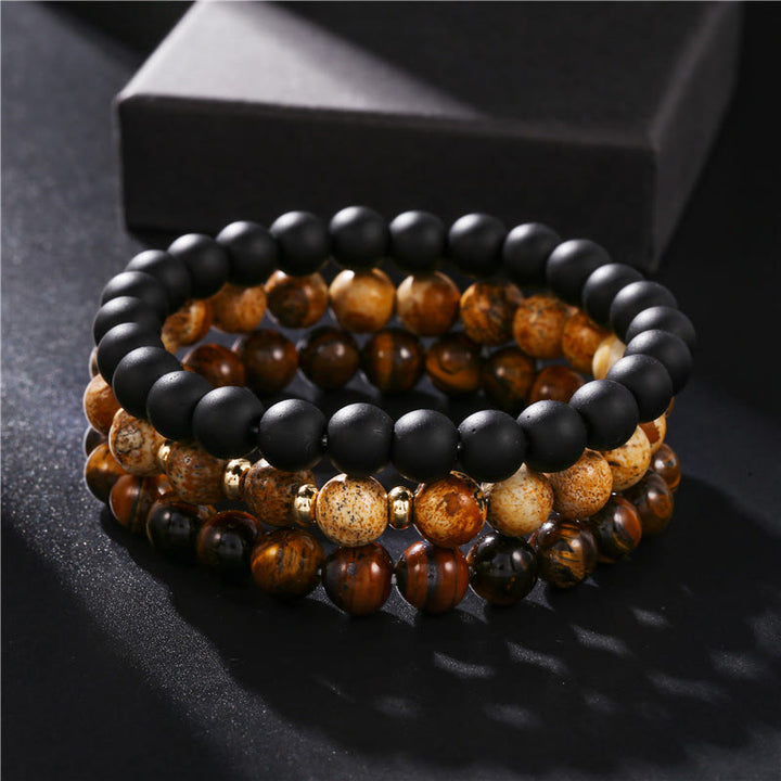 Olivenorma 3Pcs Picture Jasper Tiger Eye Black Onyx Beaded Bracelets - image 6
