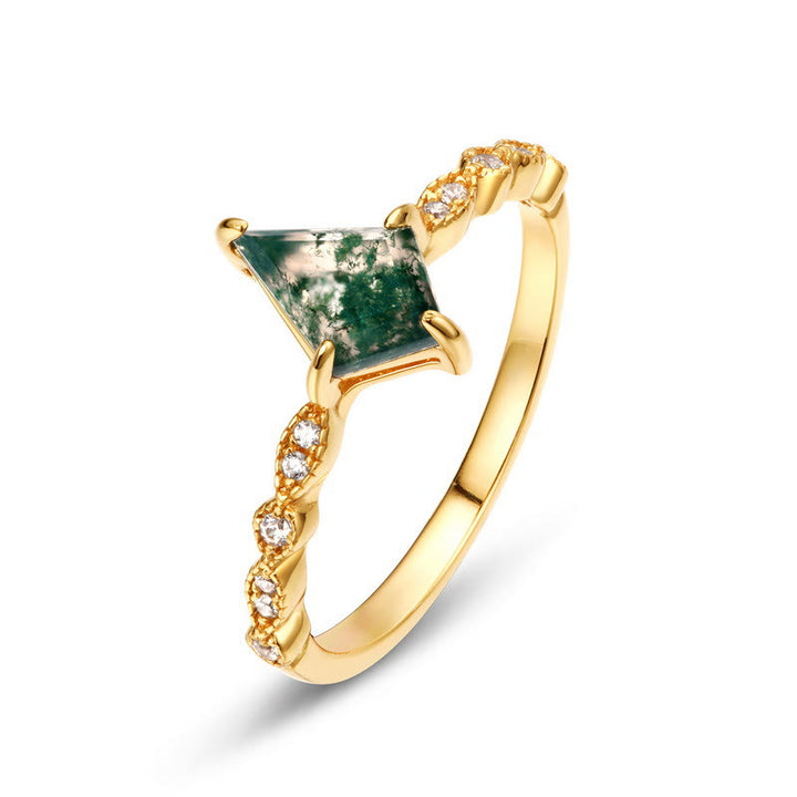 Olivenorma Diamond Moss Agate White Zircon Four Prong Ring - Golden - 8 - image 0