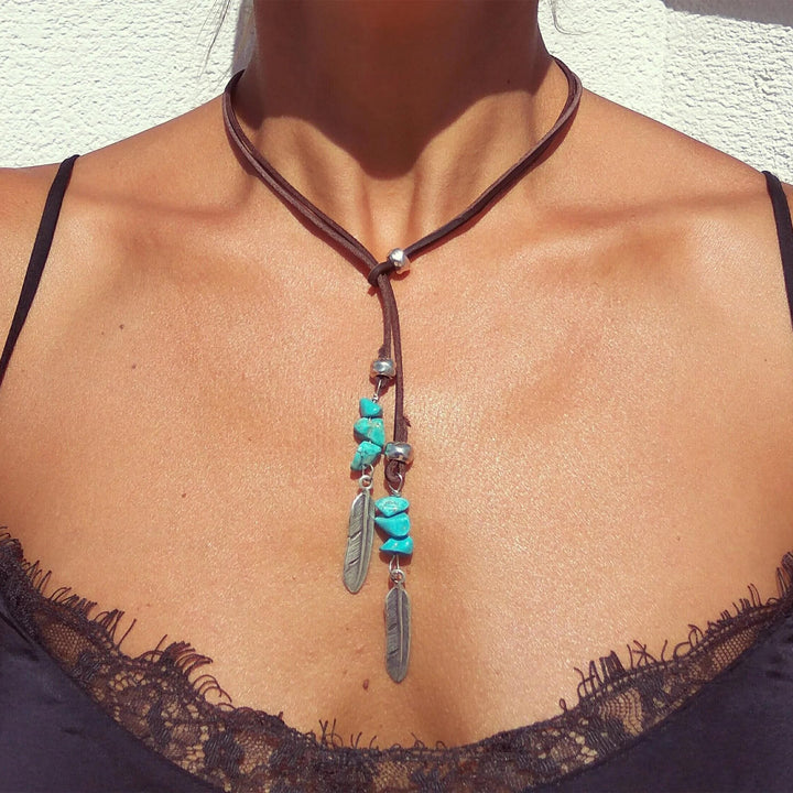 Olivenorma Turquoise Leather Cord Alloy Feather Pendant Necklace - image 1
