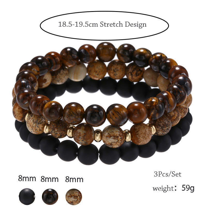 Olivenorma 3Pcs Picture Jasper Tiger Eye Black Onyx Beaded Bracelets - image 10