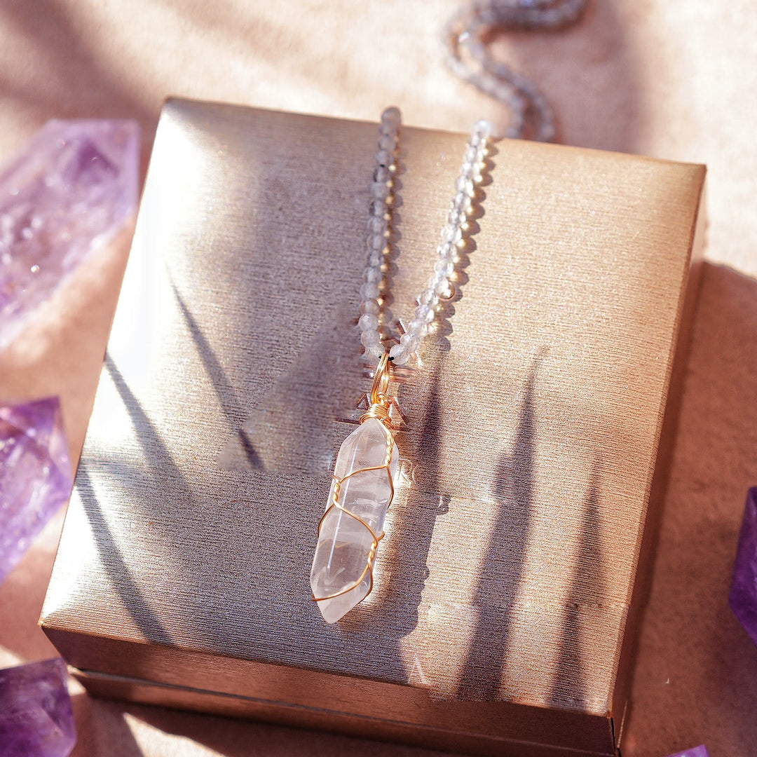 Olivenorma Natural Rough Stone Crystal Column Pendulum Necklace - Clear Quartz&Labradorite - image 13