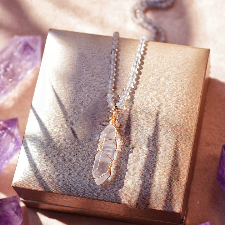 Olivenorma Natural Rough Stone Crystal Column Pendulum Necklace - Clear Quartz&Labradorite - image 13