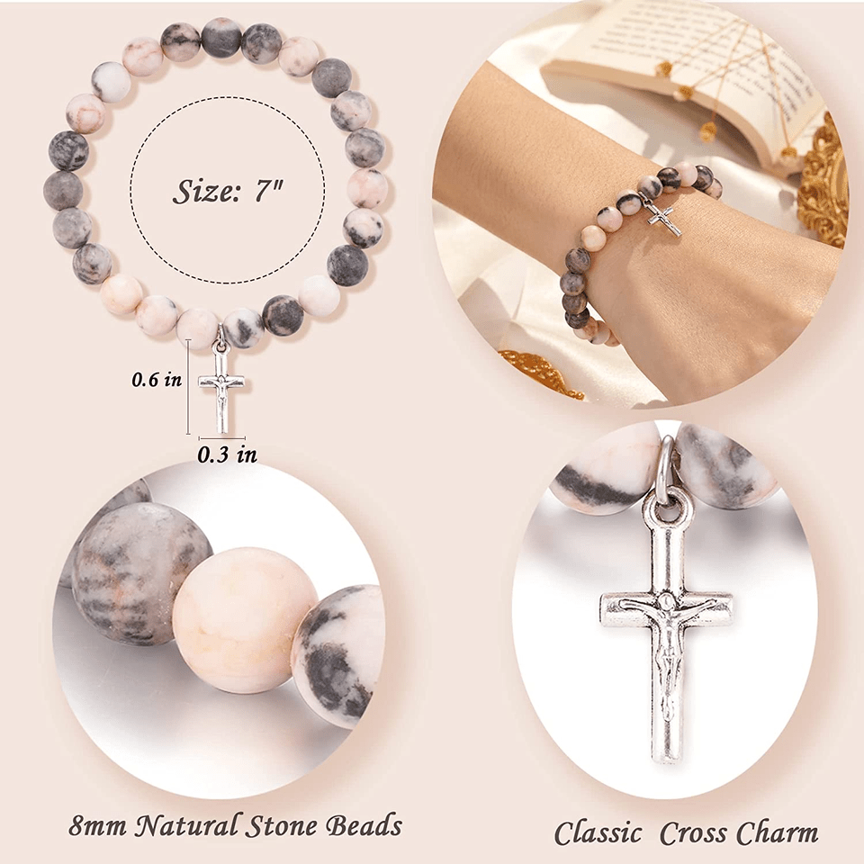 Olivenorma Pink Zebra Jasper Rhodonite 8mm Beaded Cross Pendant Bracelet - image 3