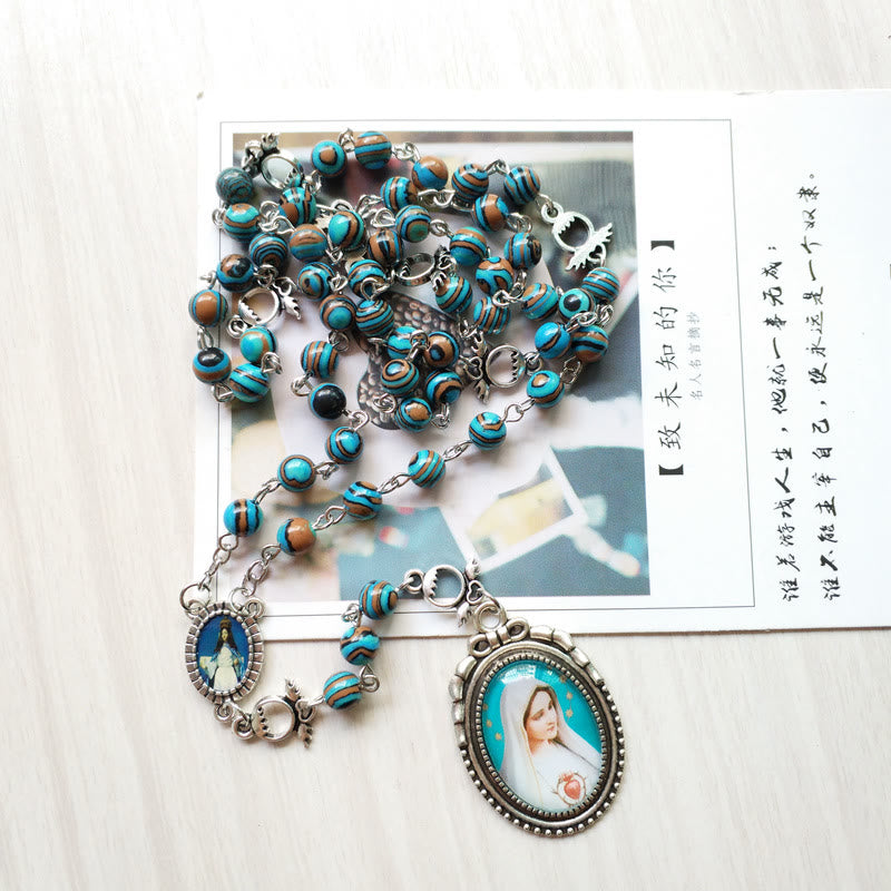Olivenorma Azurite Malachite Lady Holy Medal Pendant Rosary Necklace - image 3