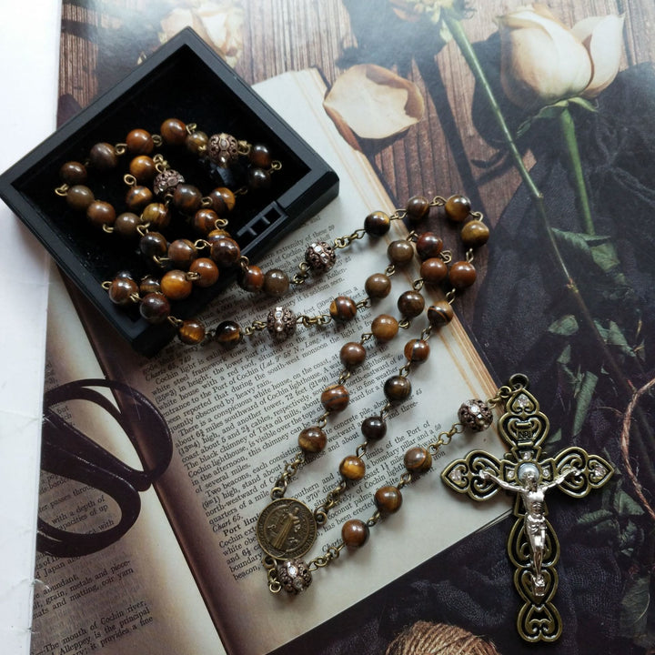 Olivenorma Grade A Tiger Eye Cross Pendant Rosary Necklace - image 1