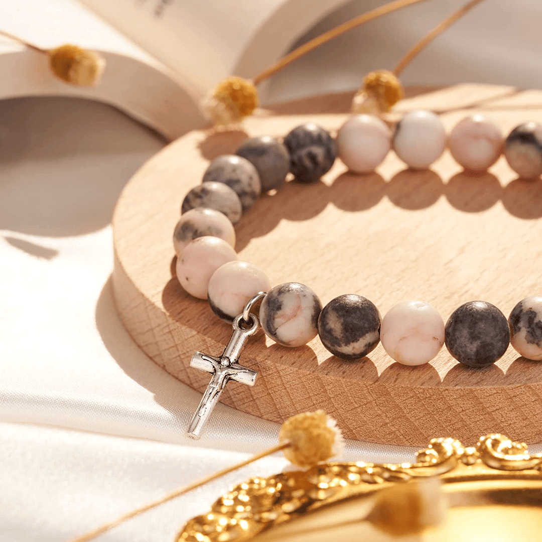 Olivenorma Pink Zebra Jasper Rhodonite 8mm Beaded Cross Pendant Bracelet - image 2