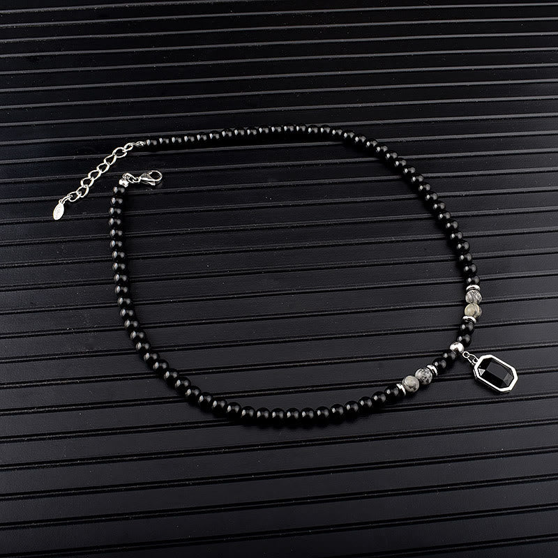 Olivenorma Tiger Eye Obsidian Beaded Men Titanium Steel Necklace - Grey Jasper&Obsidian - image 7