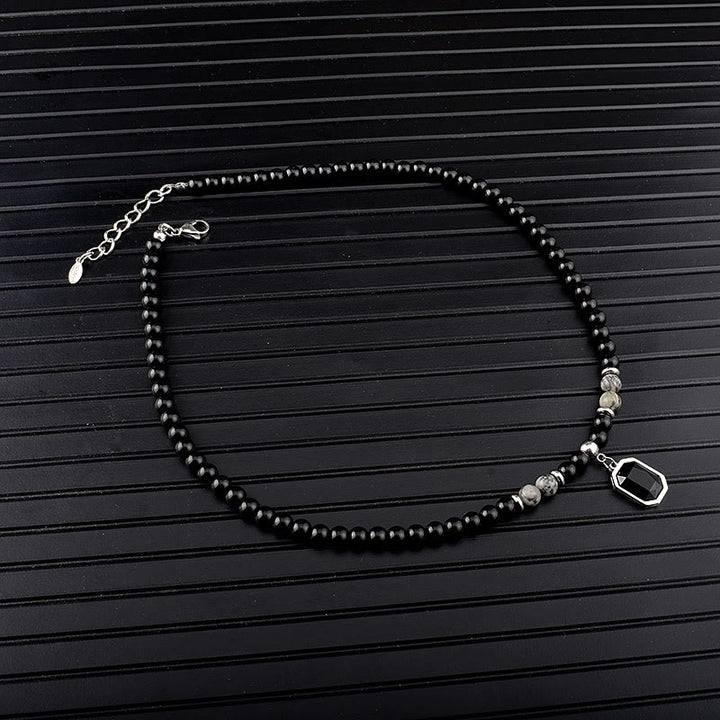Olivenorma Tiger Eye Obsidian Beaded Men Titanium Steel Necklace - Grey Jasper&Obsidian - image 7