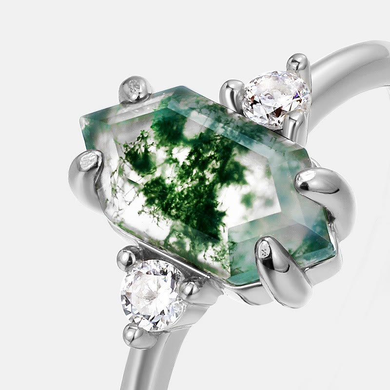 Olivenorma Hexagonal Moss Agate White Zircon S925 Adjustable Ring - image 1