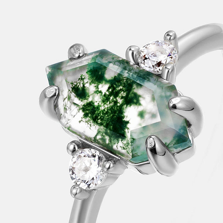 Olivenorma Hexagonal Moss Agate White Zircon S925 Adjustable Ring - image 1
