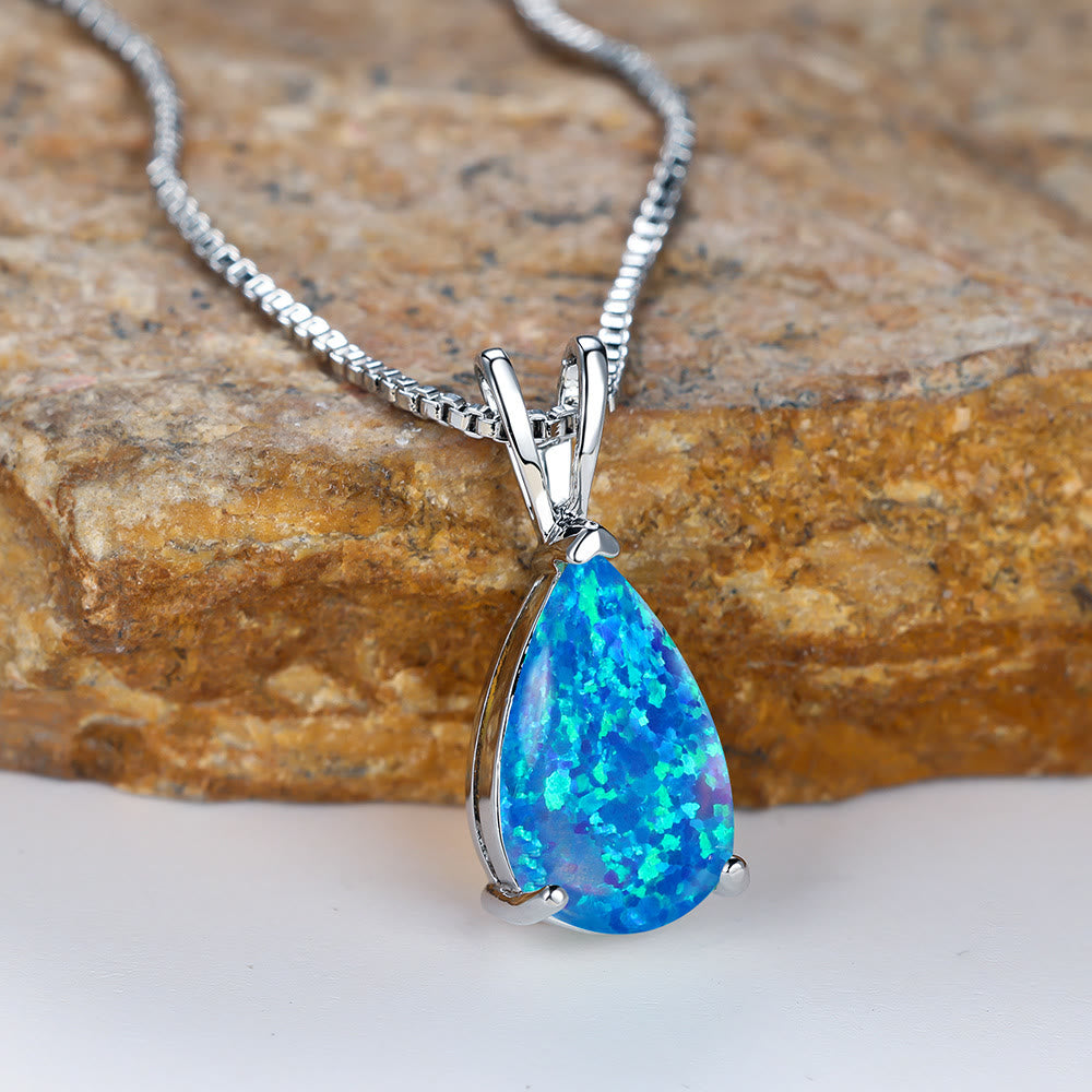Olivenorma Synthetic Opal Water Drop Pendant Simple Necklace - Blue Opal&Silver - image 0