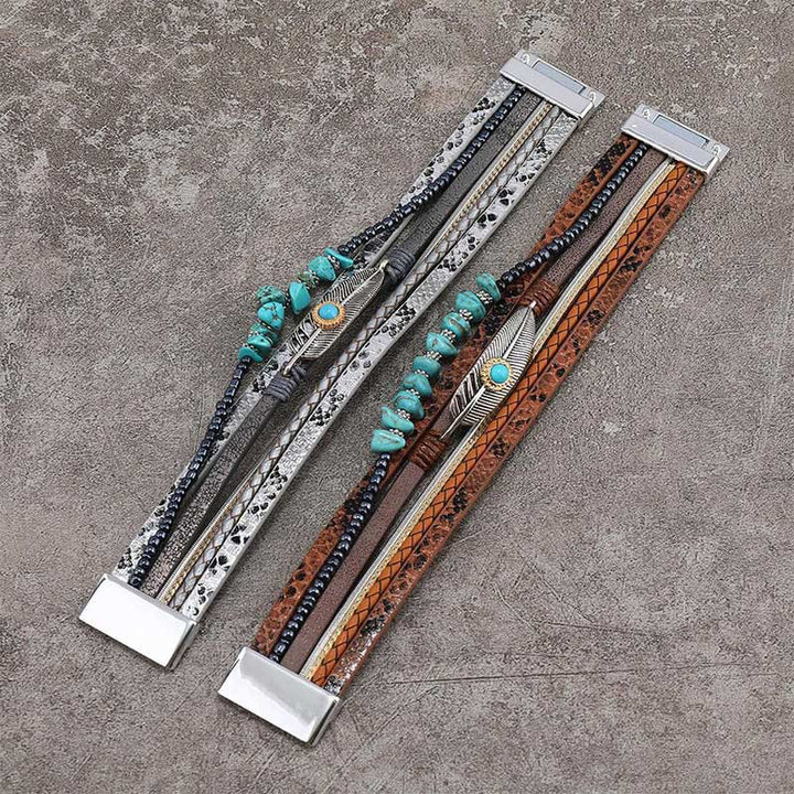 Olivenorma Brown Vintage Turquoise Multi-layer Leather Bracelet - image 5