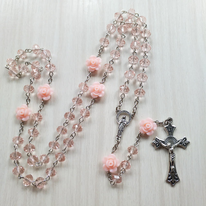 Olivenorma Rose Quartz Jesus Cross Pendant Rosary Necklace - image 2