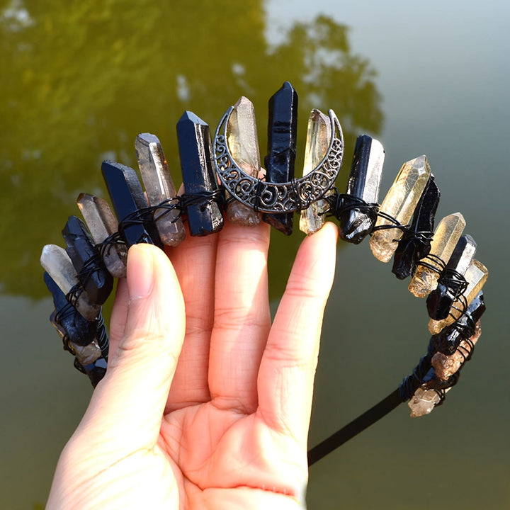 Olivenorma Clear Quartz Obsidian Moon Headband Crystal Crown - Clear Quartz&Obsidian - image 0