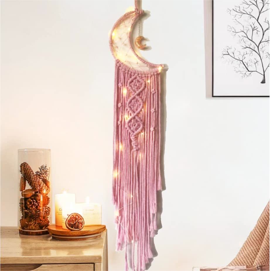 Olivenorma Star Moon Macrame Tassel Dream Catcher - Rose Quartz - Moon - With Lights - image 2