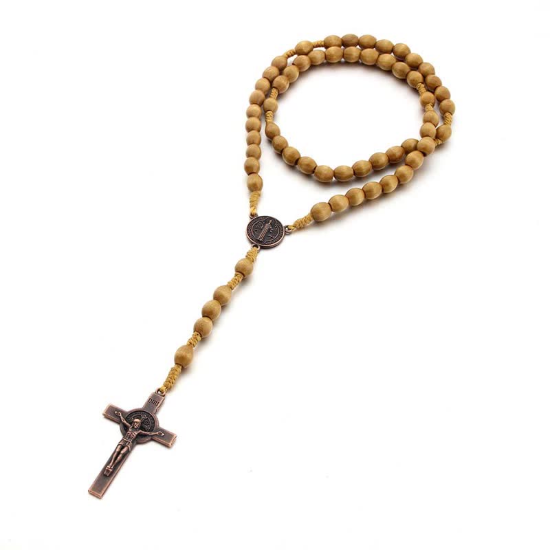 Olivenorma Knitted Vintage Cross Wood Rosary Necklace - image 7