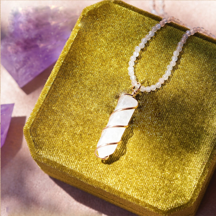 Olivenorma Natural Rough Stone Crystal Column Pendulum Necklace - Clear Crystal&Labradorite - image 3