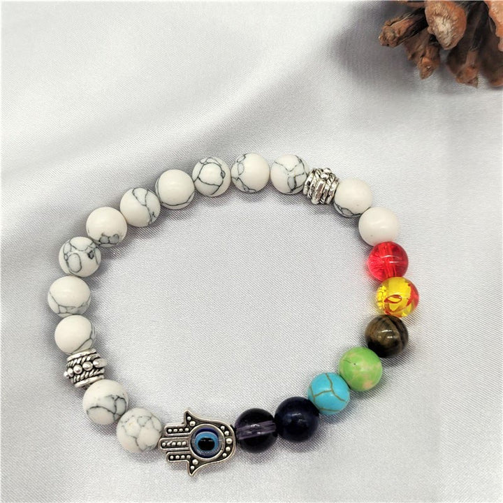 Olivenorma Colorful Chakra Evil Eye Hamsa Beaded Bracelet - White Turquoise - image 3