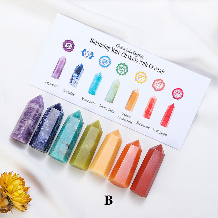 Olivenorma Chakra Raw Stone Decoration Set Crystal Wands - B: Lepidolite;Sodalite;Amazonite;Green Jade;Yellow Aventurine;Sun Stone;Red Jasper - image 0