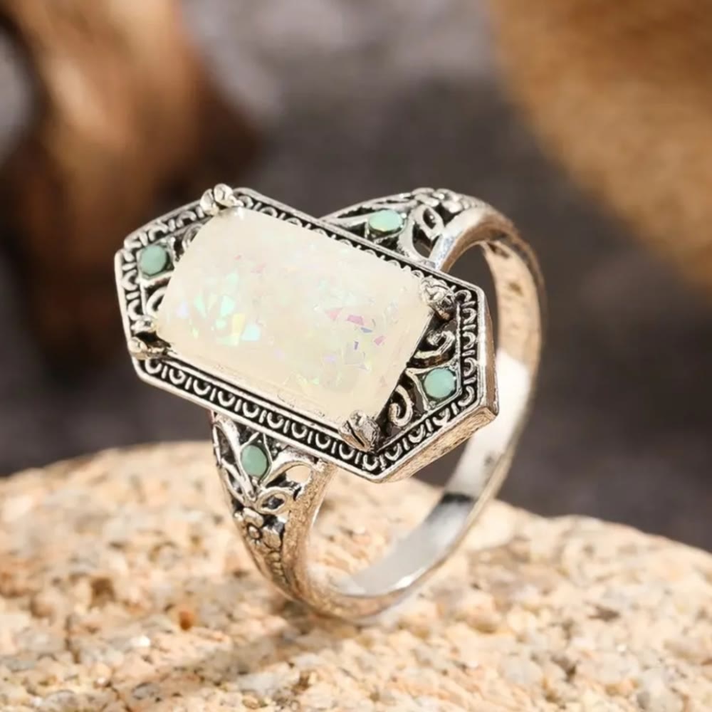 Olivenorma Square White Opal Antique Alloy Ring - image 1