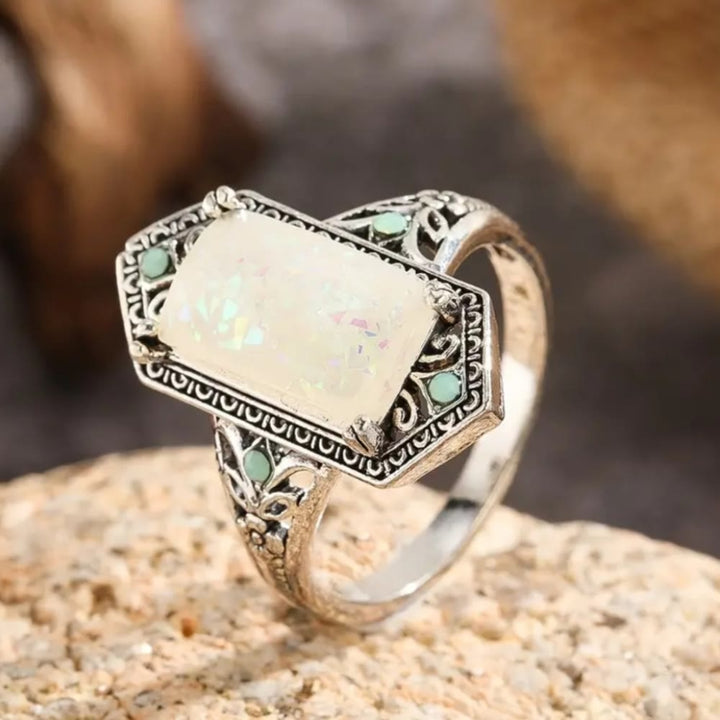 Olivenorma Square White Opal Antique Alloy Ring - image 1