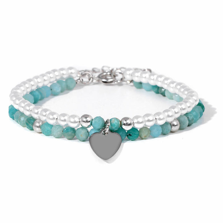 Olivenorma Faceted Stone Pearl Heart Charm Double Layer Bracelet - Amazonite&Pearl - image 8