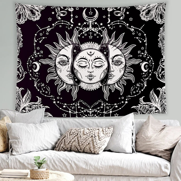 Olivenorma Sun Moon Tattoo Cat Meditation Wall Hanging Tapestry - Sun & Human Face (White) - Brushed fabric - 78.74"*59.05"(200*150cm) - image 1