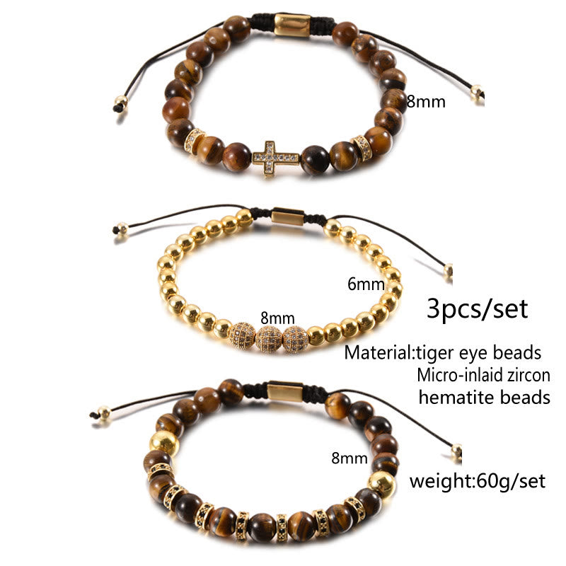 Olivenorma 3Pcs/Set Tiger Eye Stone Beaded Men Cross Bracelet - image 7