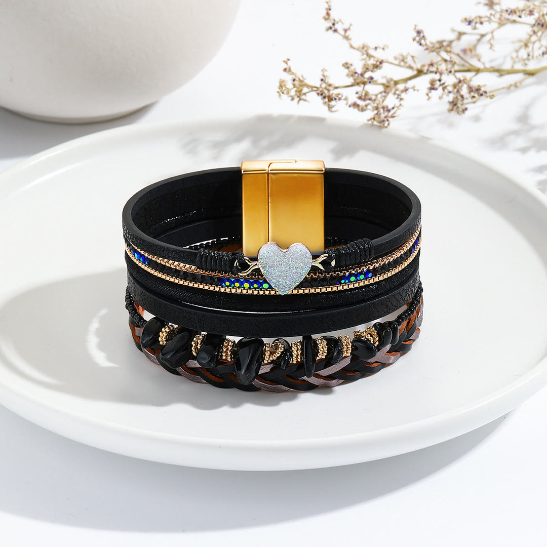 Olivenorma Natural Crystal Beaded Heart Charm Leather Bracelet - Obsidian - image 2