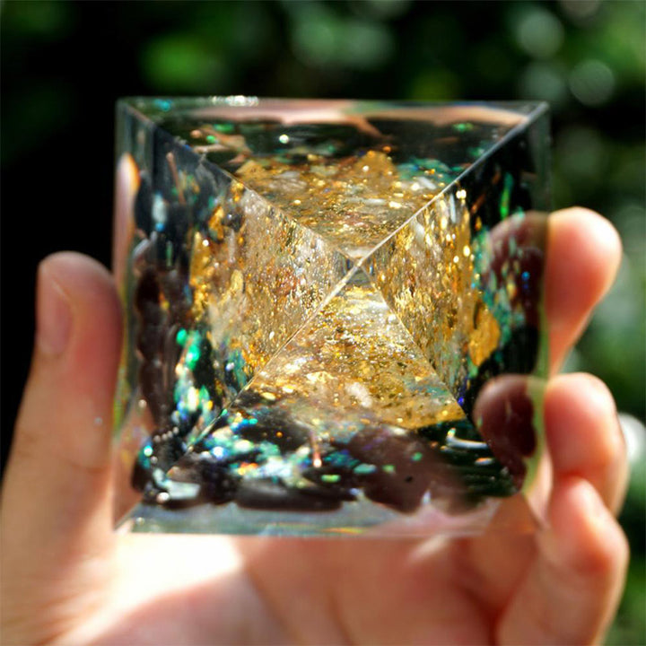 Olivenorma Obsidian with Clear Crystal Tree Of Life Orgone Pyramid - image 2