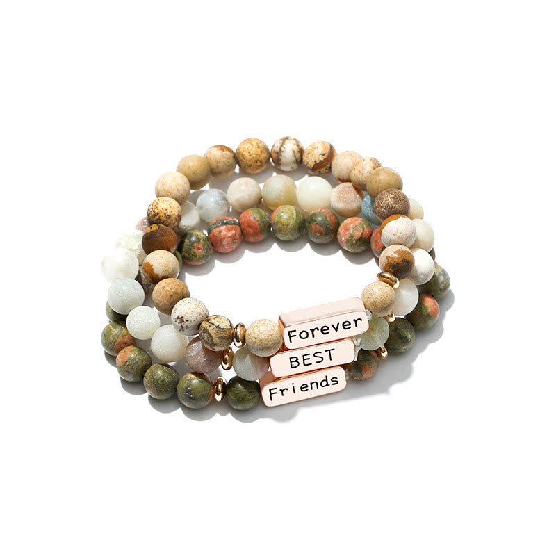 Olivenorma Natural Gemstone Best Friend Forever 3 Piece Engraving Bracelet Set - Amazonite&Unakite&Picture Jasper - image 0