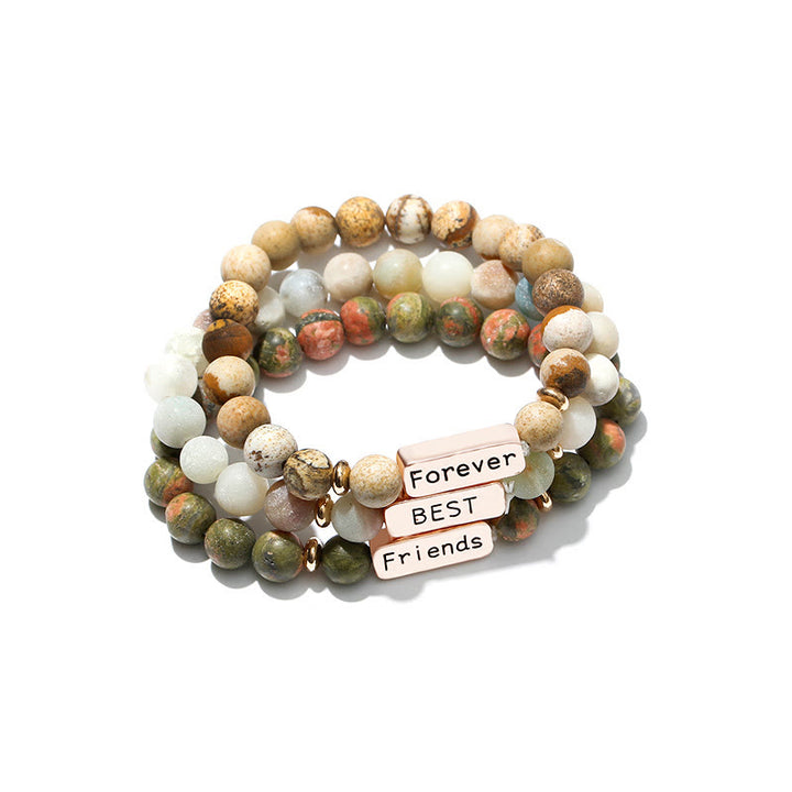 Olivenorma Natural Gemstone Best Friend Forever 3 Piece Engraving Bracelet Set - Amazonite&Unakite&Picture Jasper - image 0