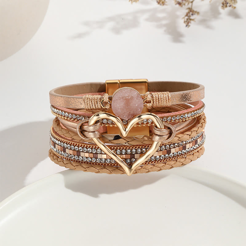 Olivenorma Multicolor Crystal Cluster Metallic Heart Braided Leather Bracelet - Champagne - image 11
