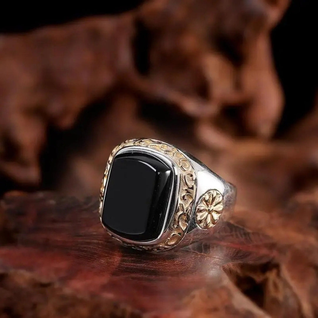 Olivenorma "Man Of Distinction" Vintage Men's Obsidian Signet Ring - Obsidian - image 0