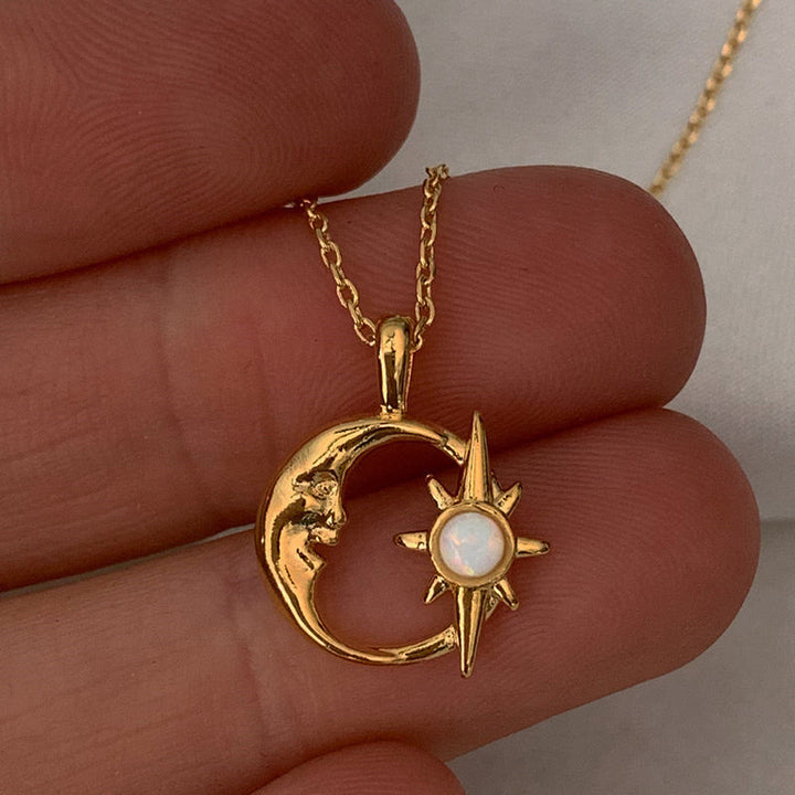 Olivenorma Natural Opal Hollow Star Moon Clavicle Necklace - Opal - image 0
