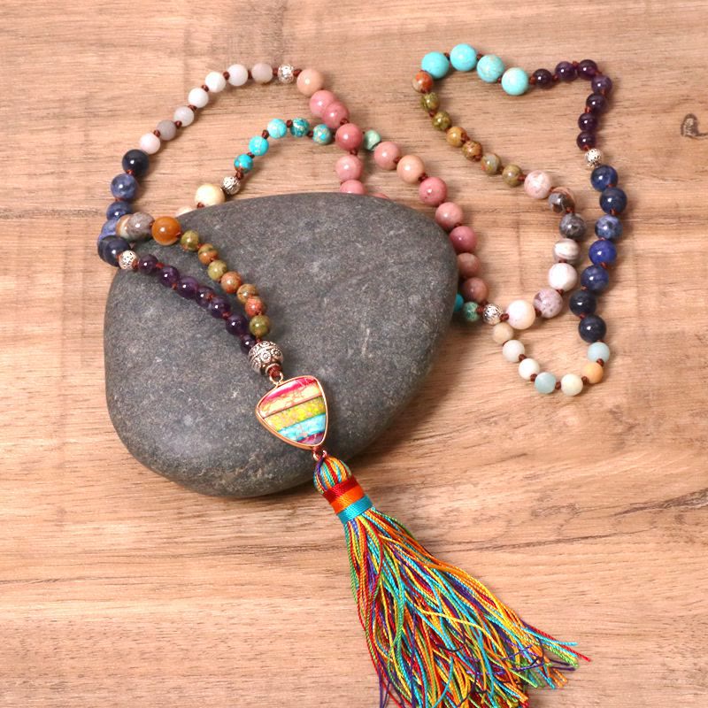 Olivenorma Gorgeous Natural Stones Chakra Triangle Pendant Mala Necklace - image 5