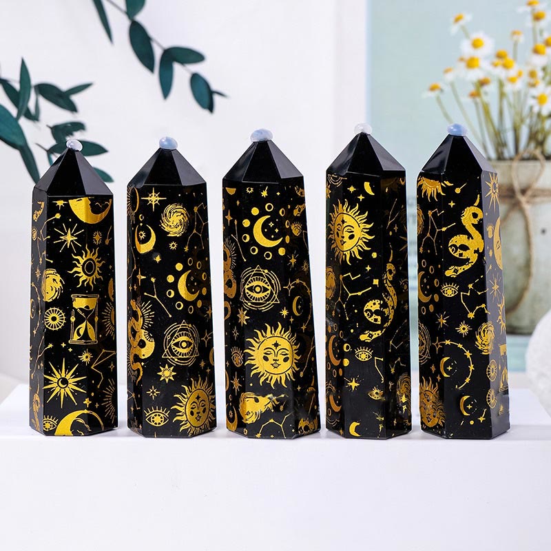 Olivenorma Obsidian Crystal Tower Hexagonal Crystal Wands - Gold - 9-10cm - image 1