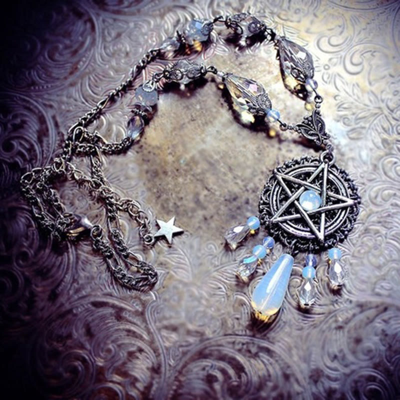 Olivenorma Witch Gothic Pentagram Opalite Star Crystal Beads Necklace - image 4