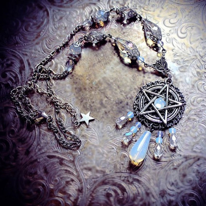 Olivenorma Witch Gothic Pentagram Opalite Star Crystal Beads Necklace - image 4