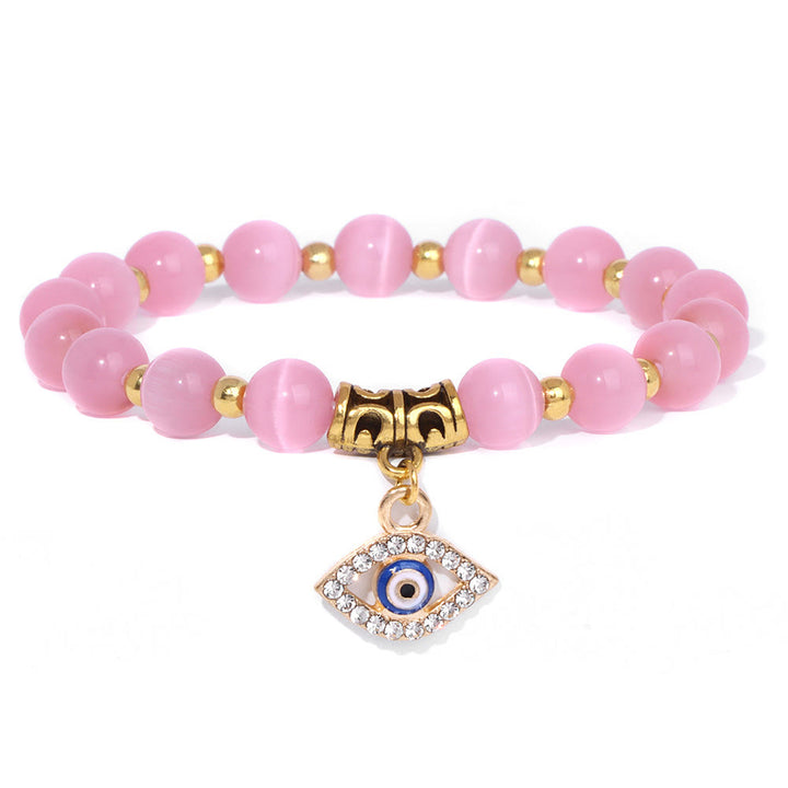 Olivenorma Natural Stone Beaded Evil Eye Pendant Bracelet - Pink Cat's Eye Stone - image 1