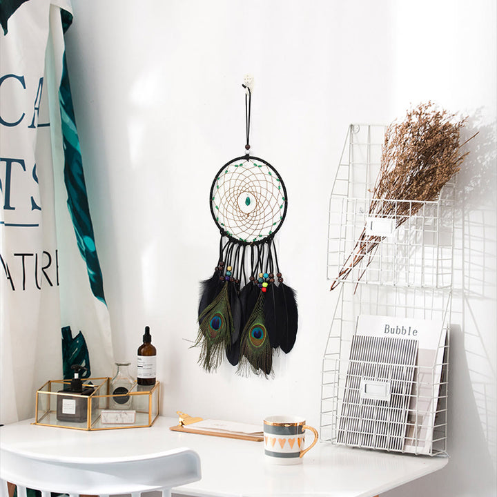 Olivenorma Hand Woven Natural Wooden Beads Feather Dream Catcher - Green Aventurine & Black Feather - image 5