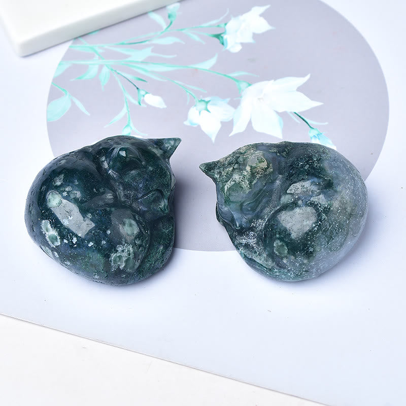 Olivenorma Moss Agate Sleeping Cat Carving Gemstone Decoration - 8cm - image 2