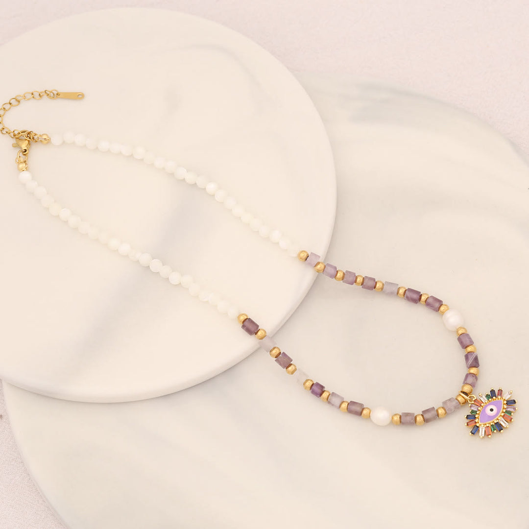 Olivenorma Natural Pearl Crystal Stone Evil Eye Pendant Necklace - Pearl&Amethyst - image 13